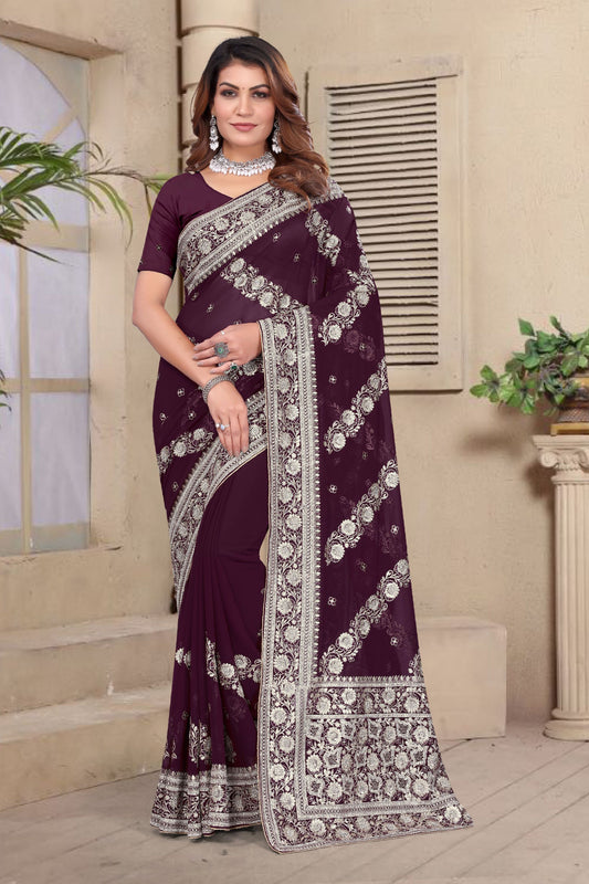 Wine Embroidered Georgette Saree with Silver Floral Thread Work and Matching Blouse Piece