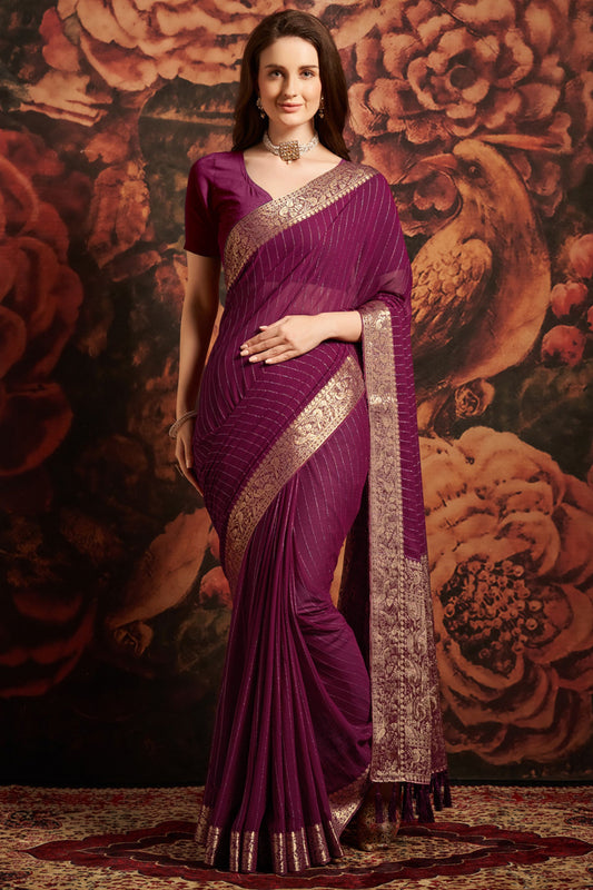 Elegant Purple Banarasi Silk Saree with Rich Golden Zari Weaving