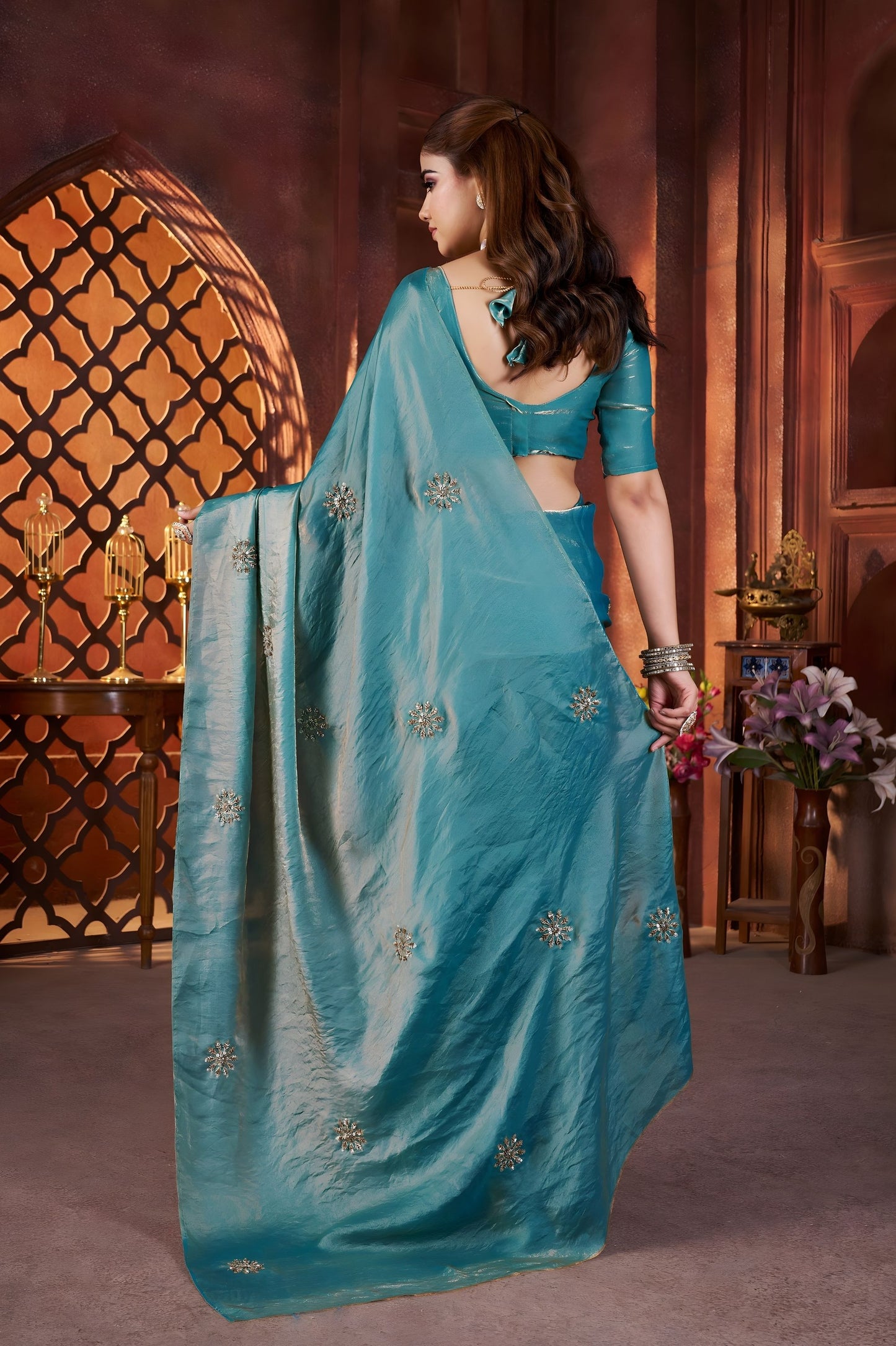 Teal Silk Saree with Zari Embroidery Butti Work Designer Blouse