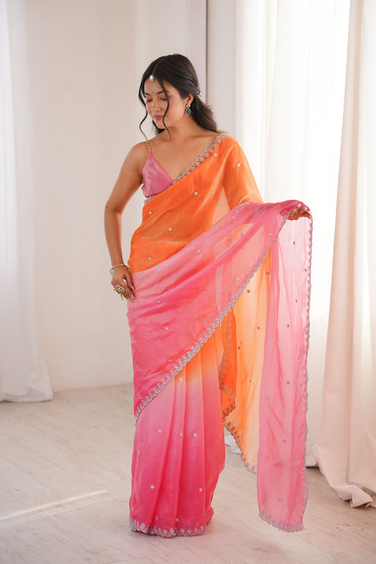 Peach Orange Hot Pink Ombre Organza Saree Embroidered Border