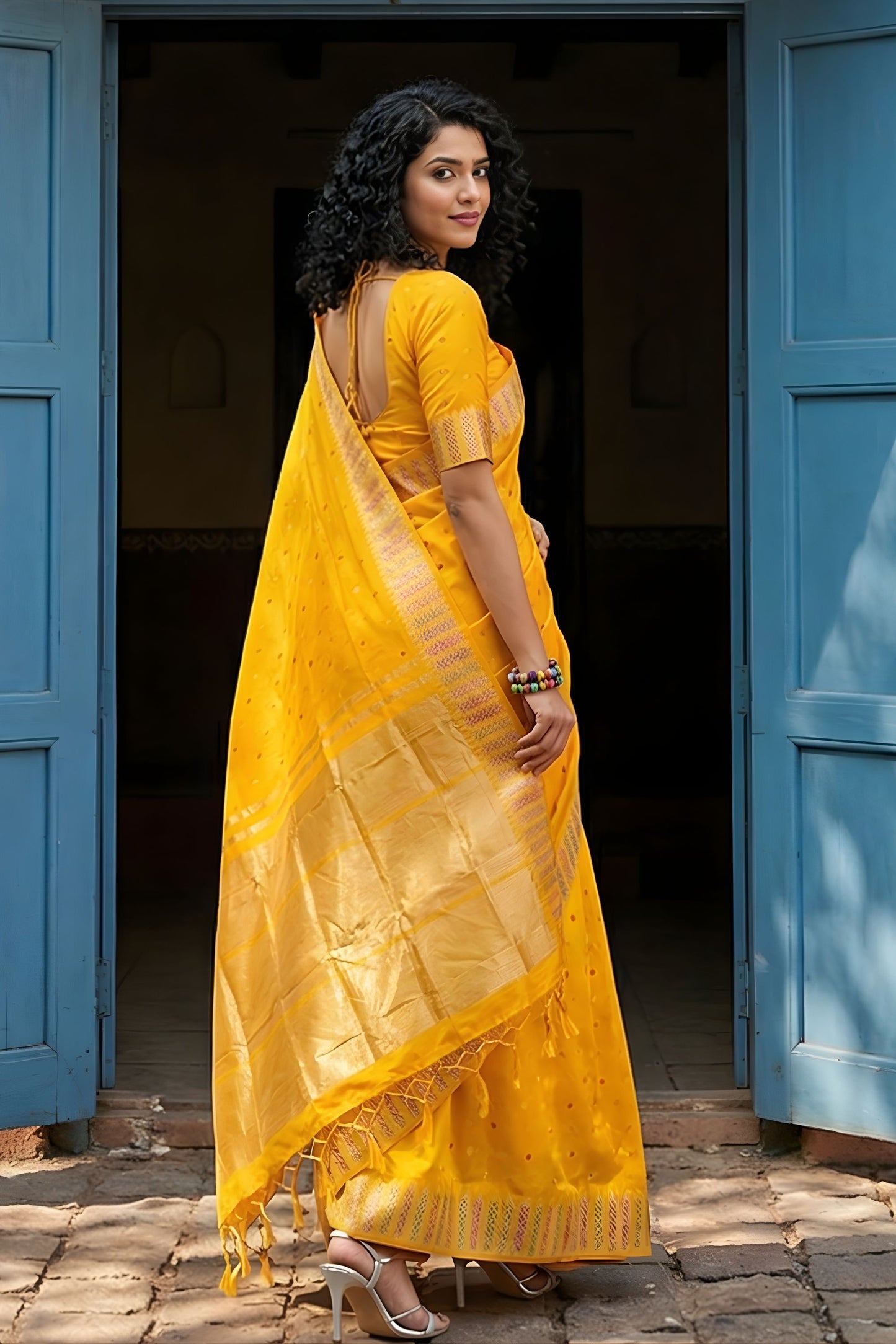 Mustard Yellow Silk Saree with Golden Zari Border Traditional Buti Design