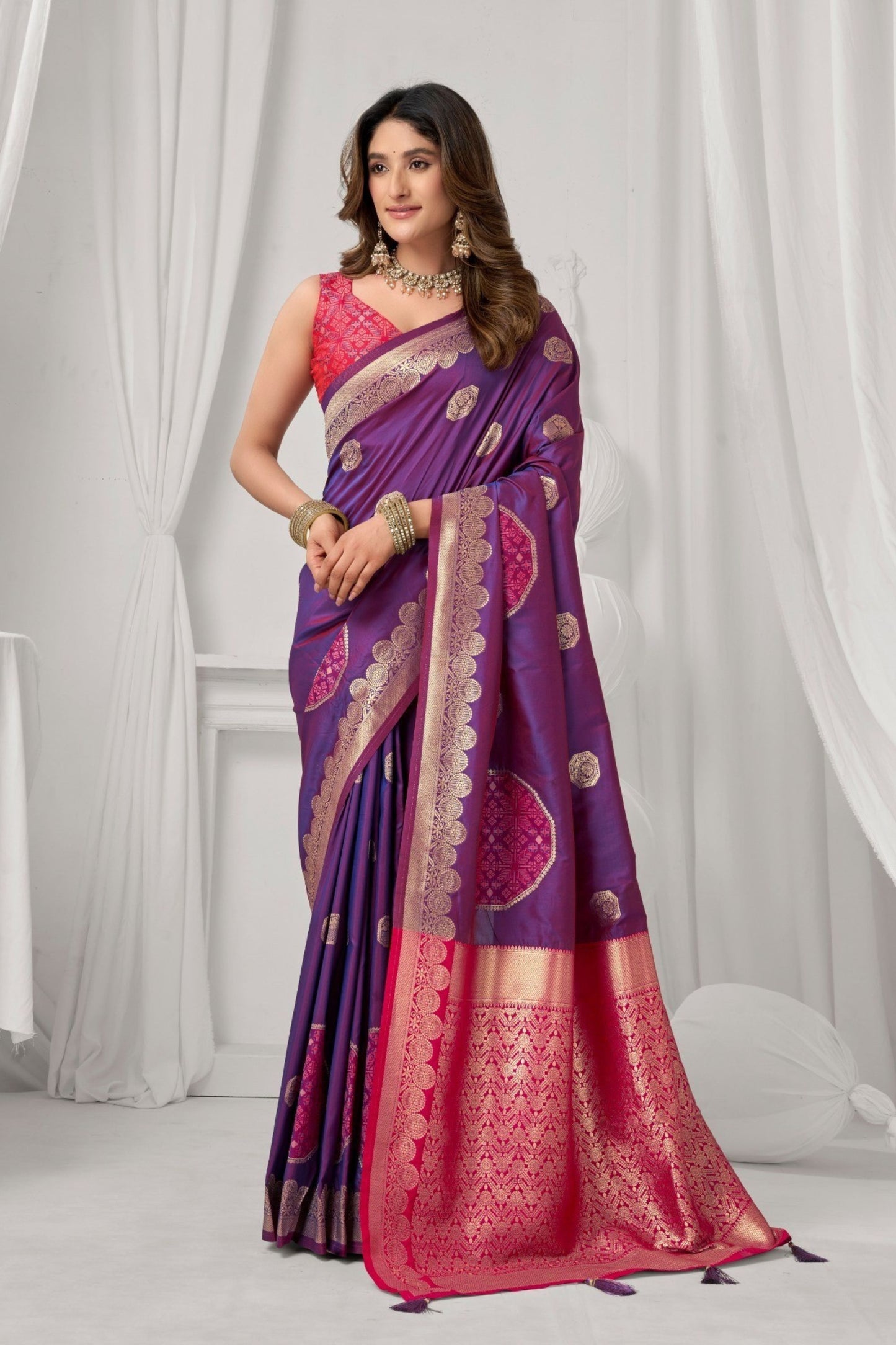 Purple Kanjivaram Silk Saree Pink Zari Border Gold Woven Motifs Saree