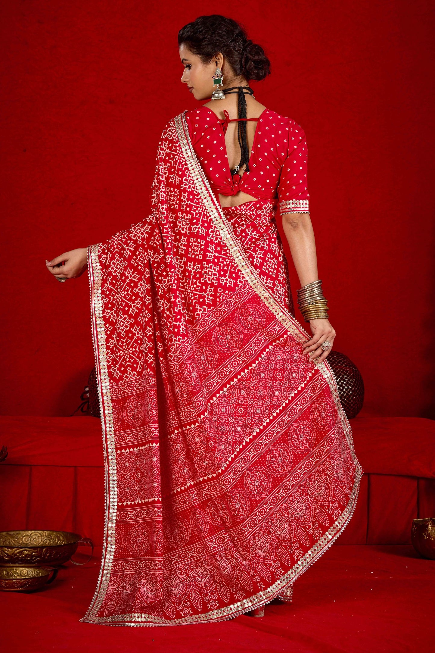Red Bandhej Printed Georgette Saree Festive Wear