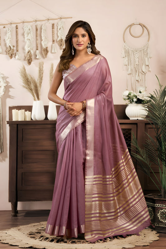 Mauve Silk Saree with Golden Zari Border Designer Saree