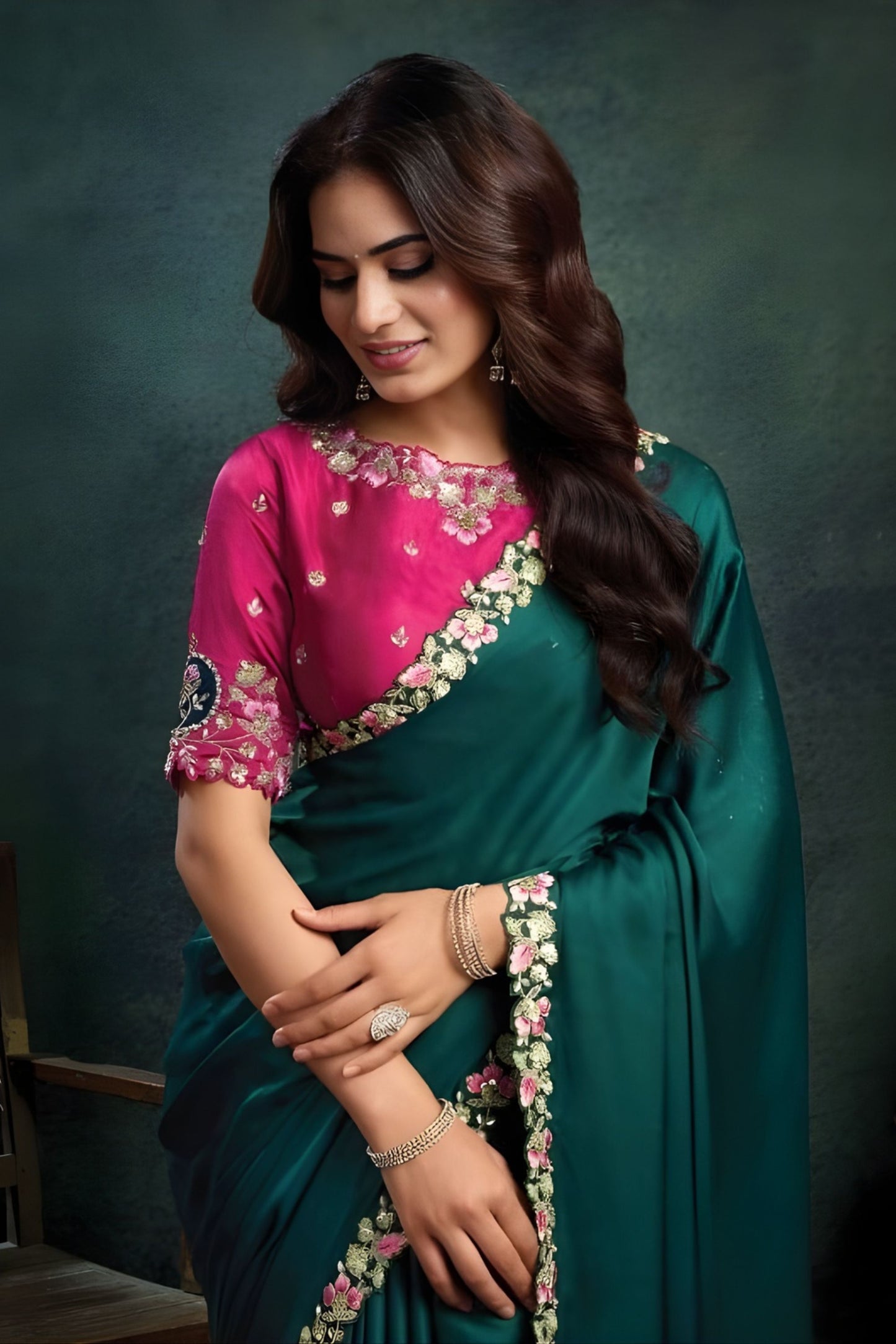 Teal Green Georgette Saree with Embroidered Border Pink Designer Blouse
