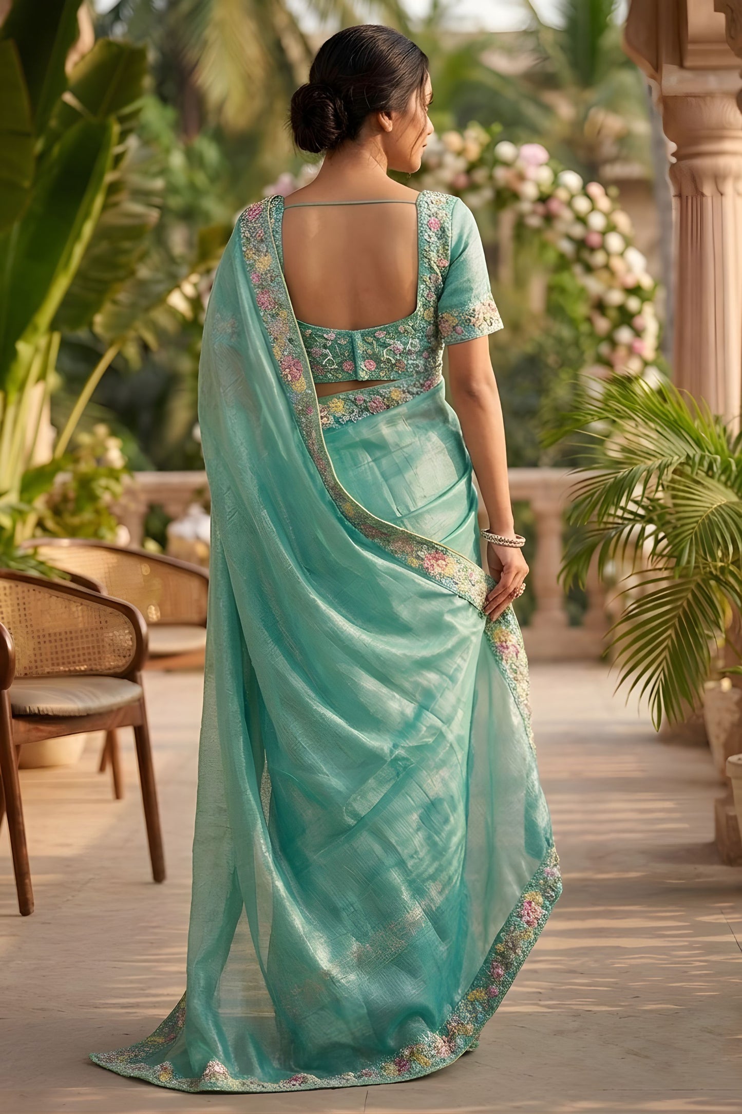 Aqua Blue Organza Silk Saree Floral Embroidered Border Designer Blouse