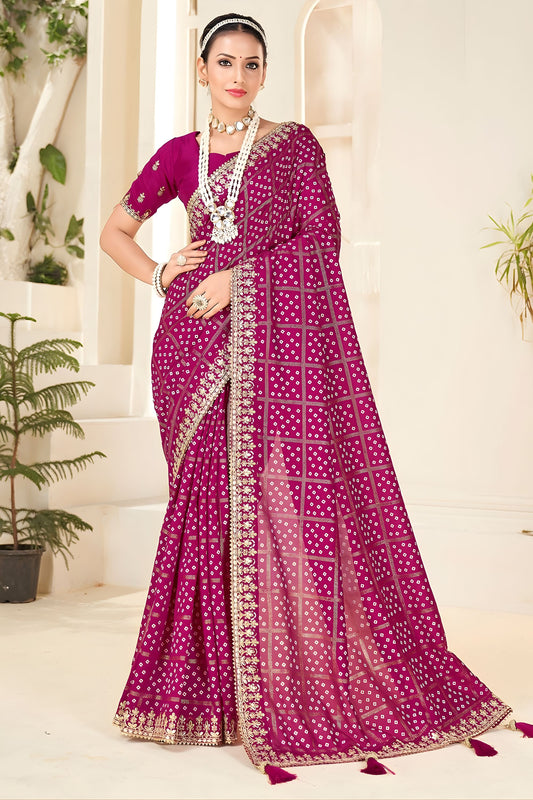 Rani Pink Embroidered Designer Saree with Sequins Work Heavy Border