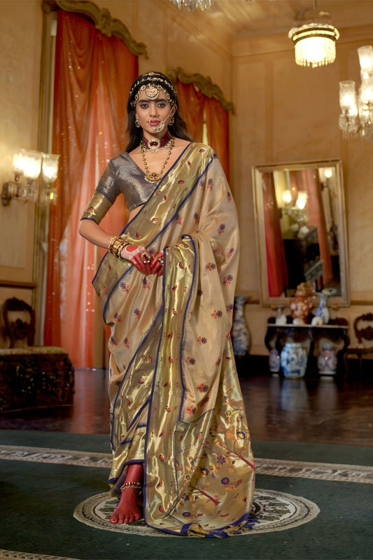 Light Gold Banarasi Silk Saree Royal Blue Border Floral Zari Buti Work