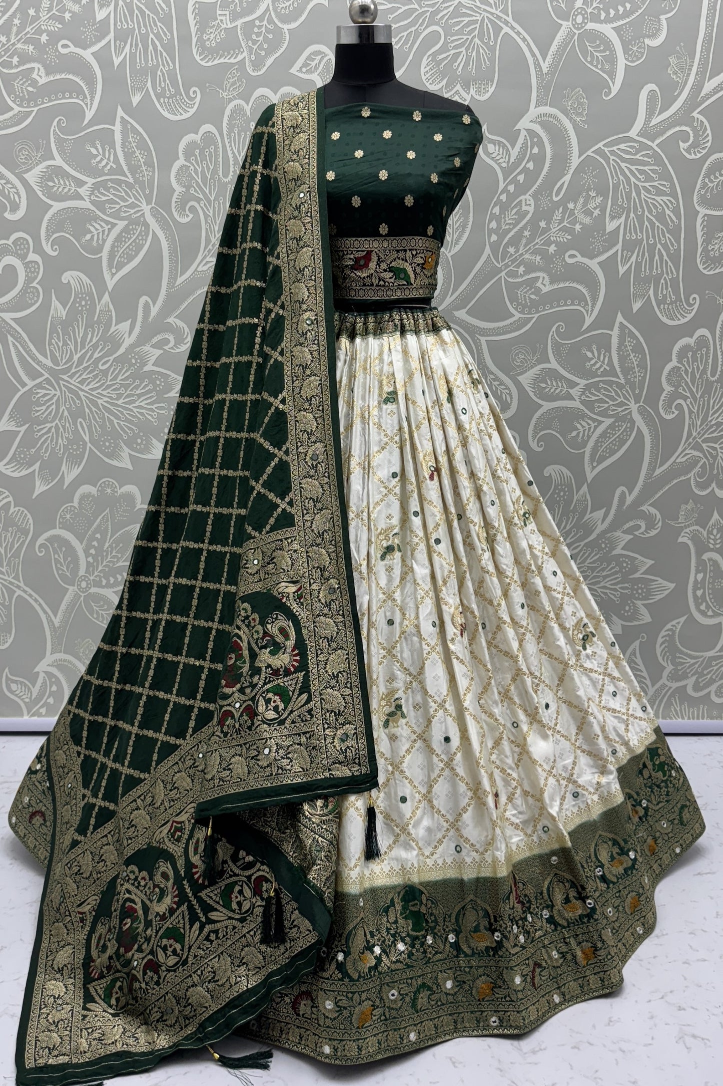 Dark Green and Off-White Georgette Bridal Lehenga Choli with Heavy Zari and Resham Work