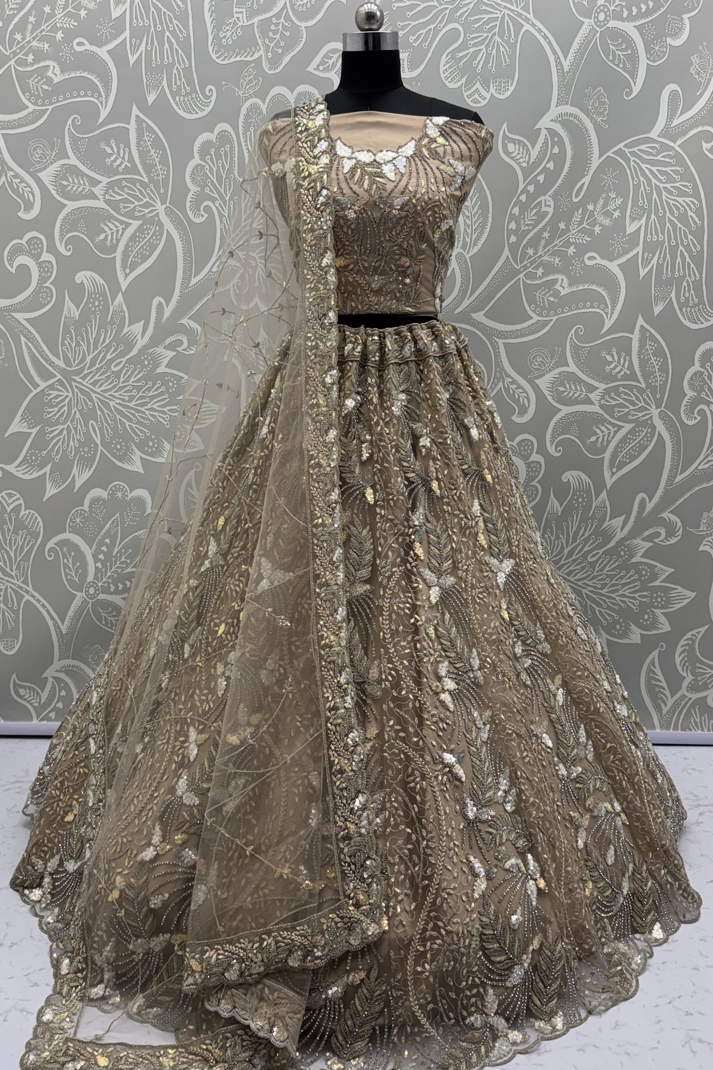 Royal Golden Net Bridal Lehenga Choli with Heavy Sequins and Thread Embroidery