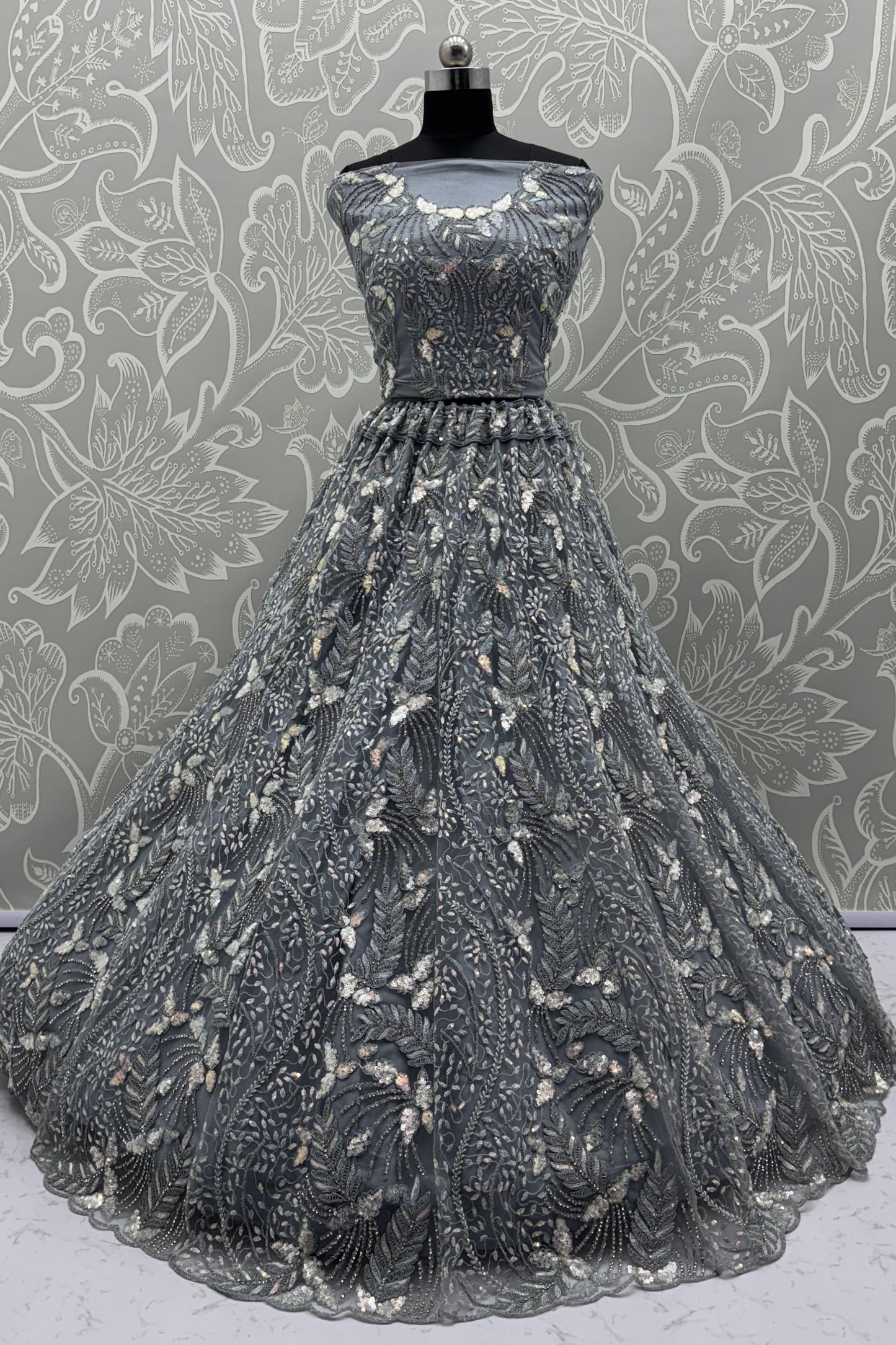 Modern Grey Net Bridal Lehenga Choli with Heavy Sequins and Thread Embroidery