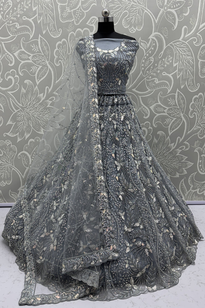 Modern Grey Net Bridal Lehenga Choli with Heavy Sequins and Thread Embroidery