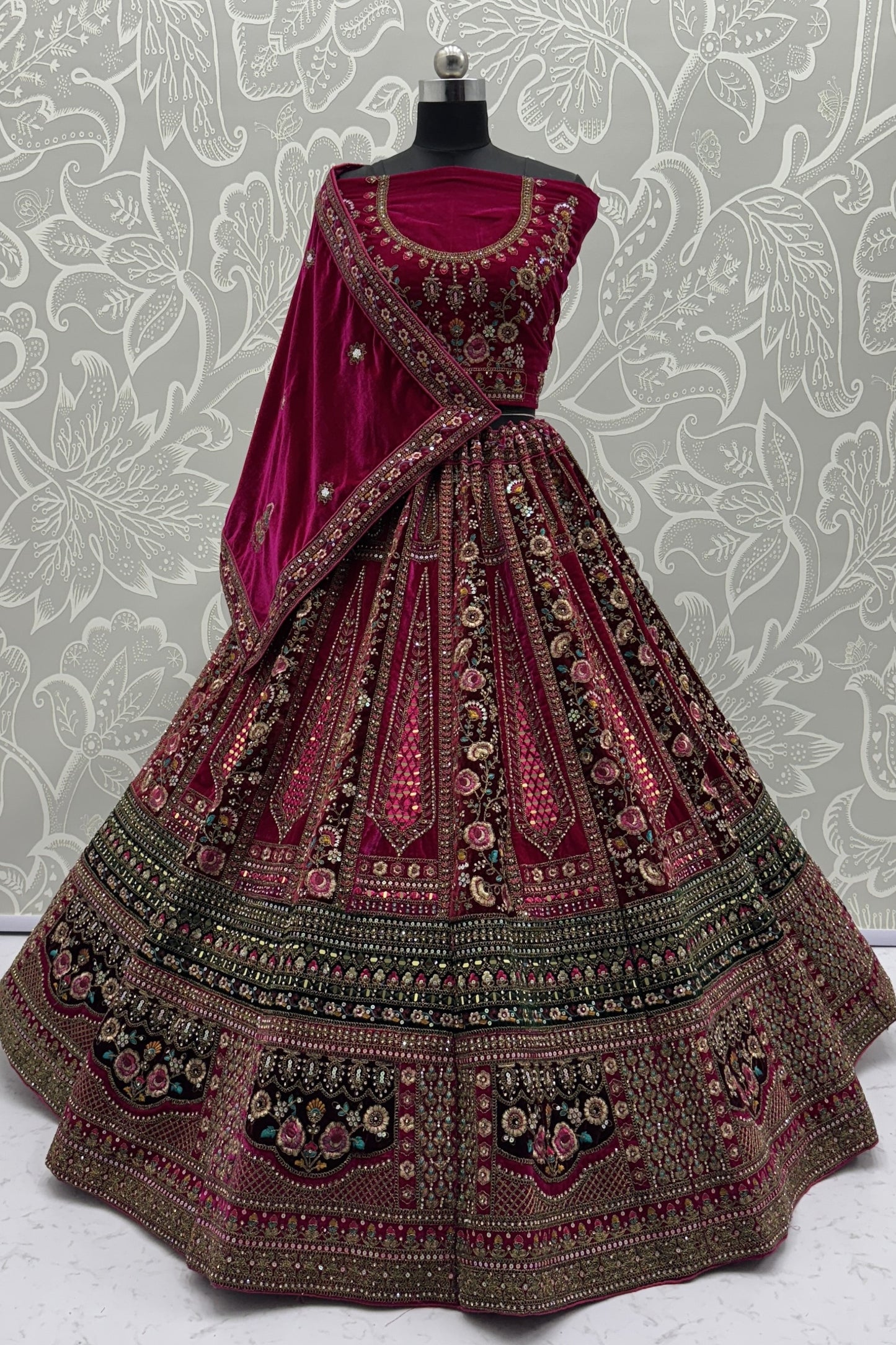Delicate Burgundy Velvet Bridal Lehenga Choli with Heavy Mirror and Zari Embroidery Work