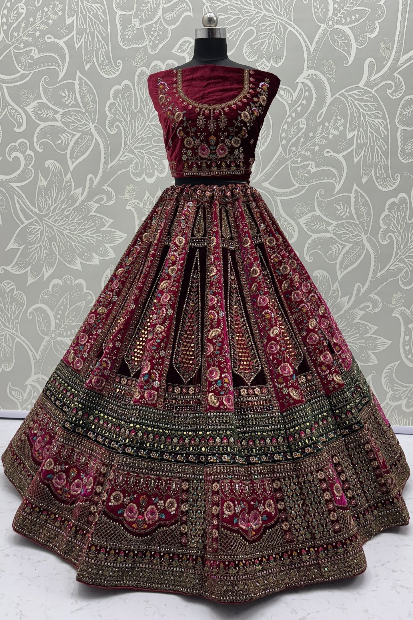 Fabulous Maroon Velvet Bridal Lehenga Choli with Heavy Mirror and Zari Embroidery Work
