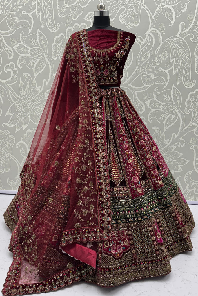 Fabulous Maroon Velvet Bridal Lehenga Choli with Heavy Mirror and Zari Embroidery Work