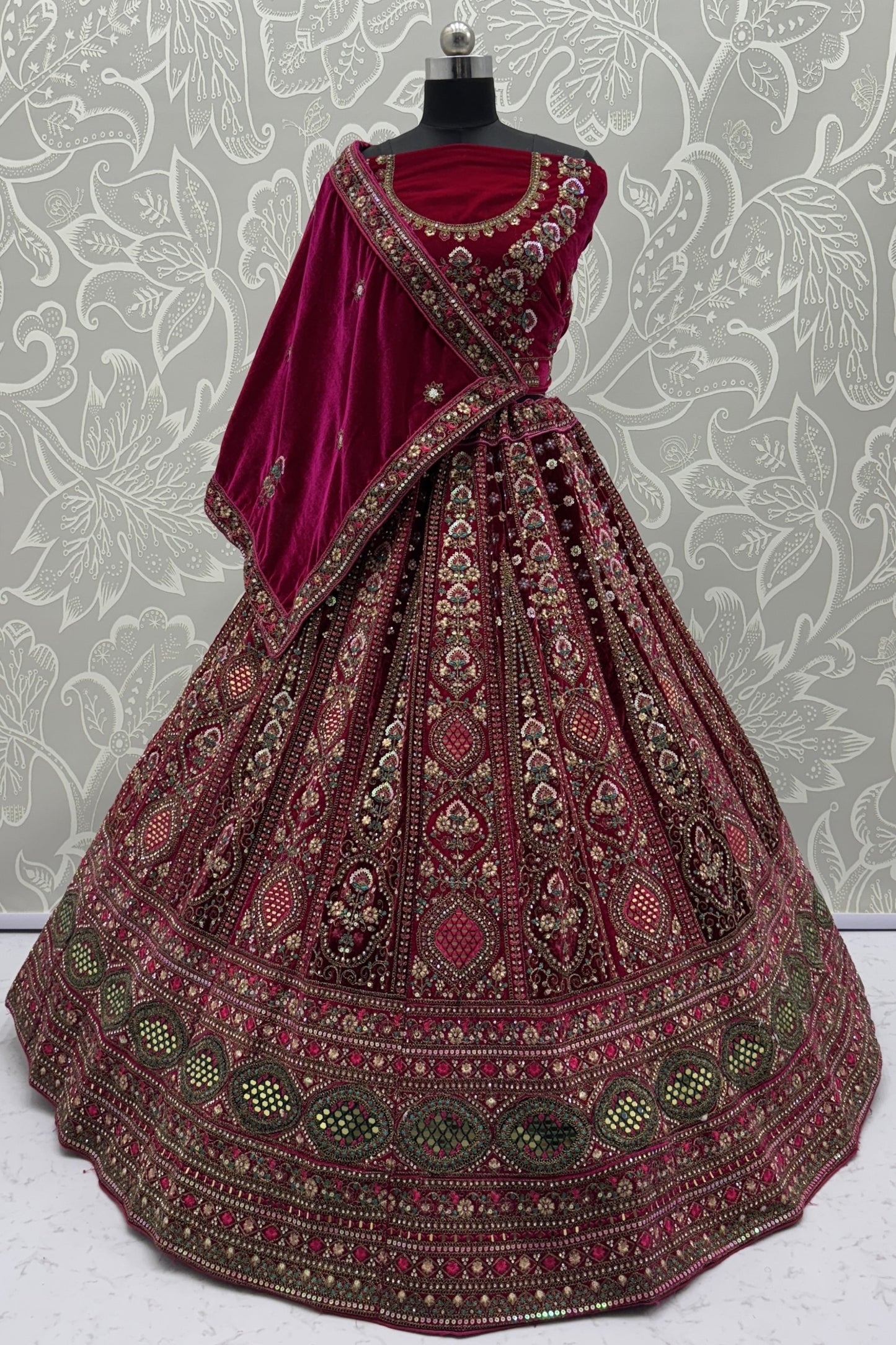 Elegant Wine Velvet Bridal Lehenga Choli with Heavy Mirror and Zari Embroidery Work