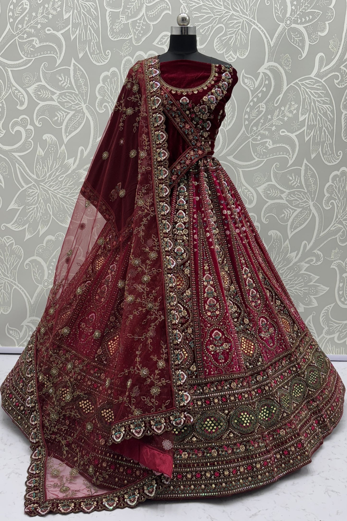 Designer Maroon Velvet Bridal Lehenga Choli with Heavy Mirror and Zari Embroidery Work