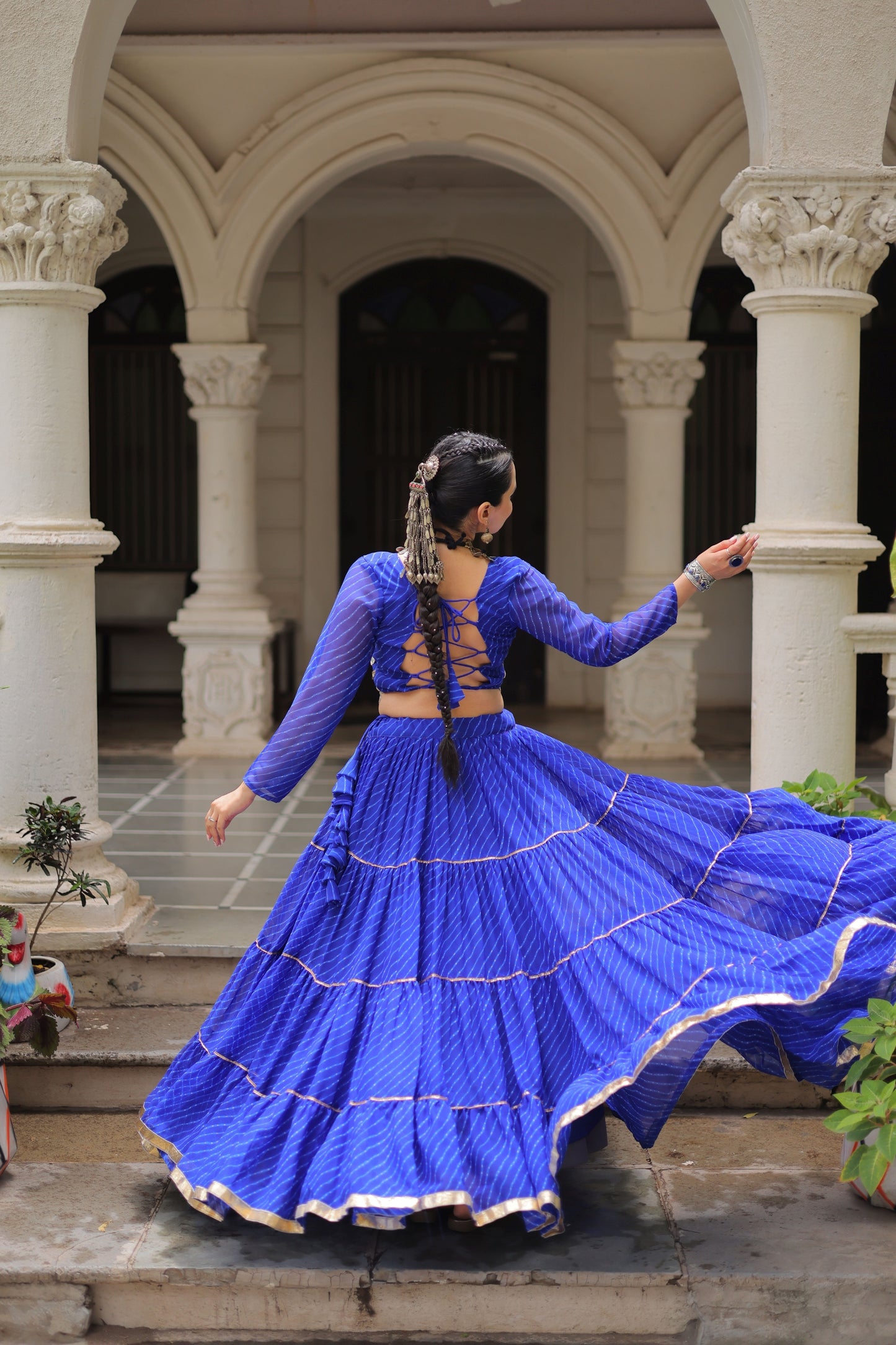 Royal Blue Bandhani Print Faux Georgette Lehenga Choli with Mirror Work