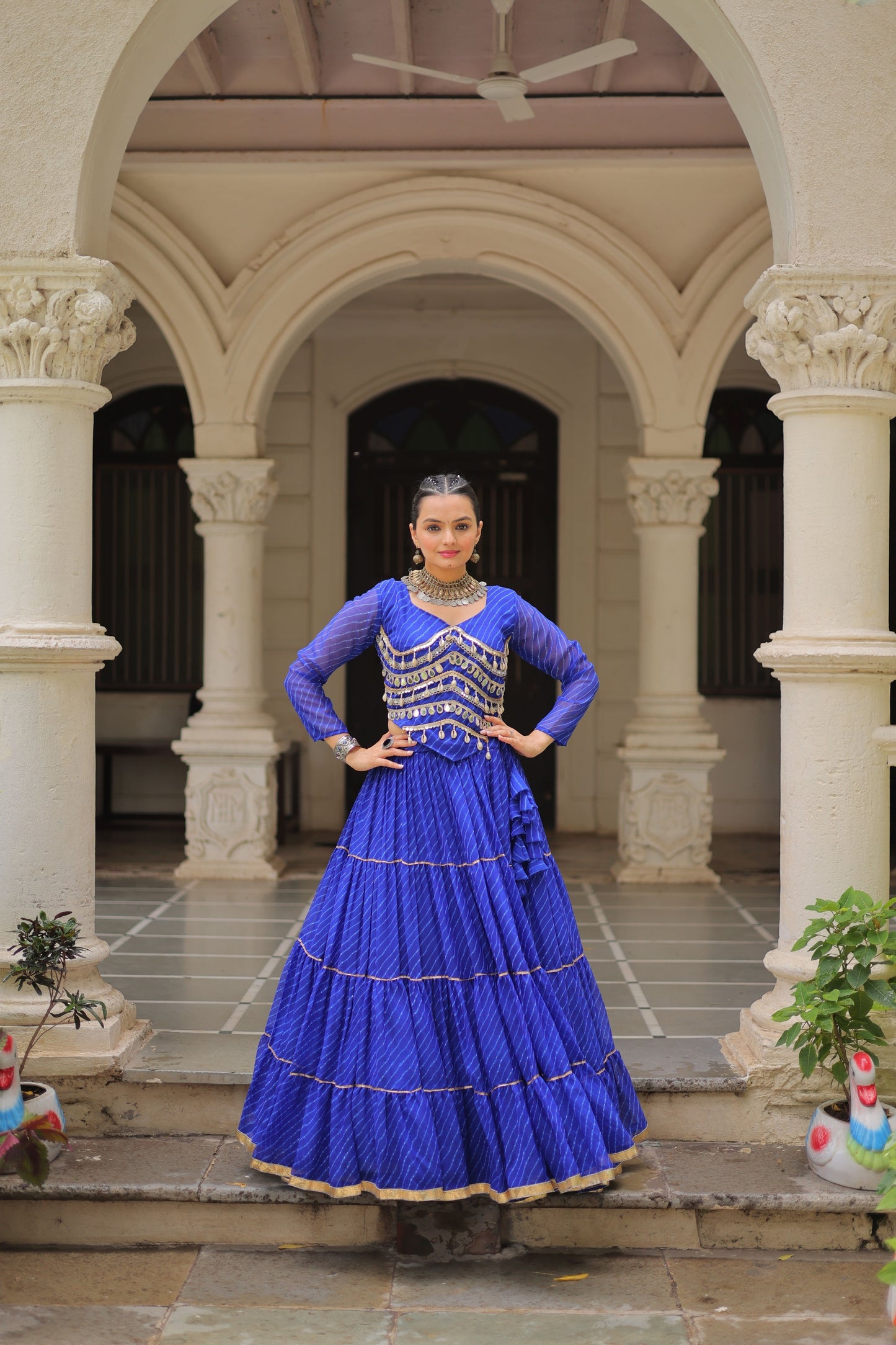 Royal Blue Bandhani Print Faux Georgette Lehenga Choli with Mirror Work