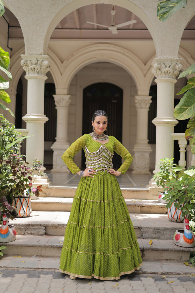 Refreshing Green Bandhani Print Faux Georgette Lehenga Choli with Mirror Work