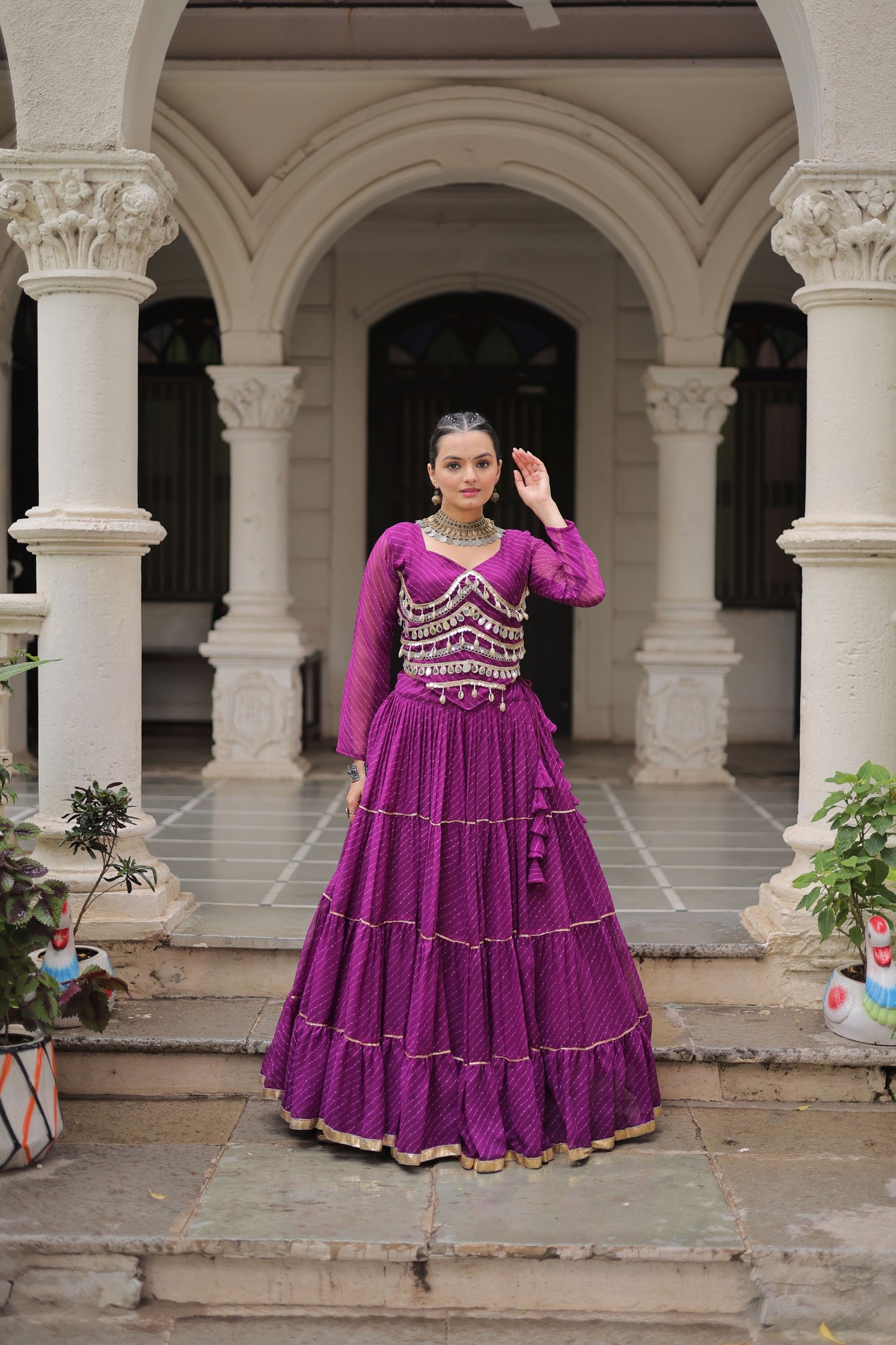 Wonderful Purple Bandhani Print Faux Georgette Lehenga Choli with Mirror Work