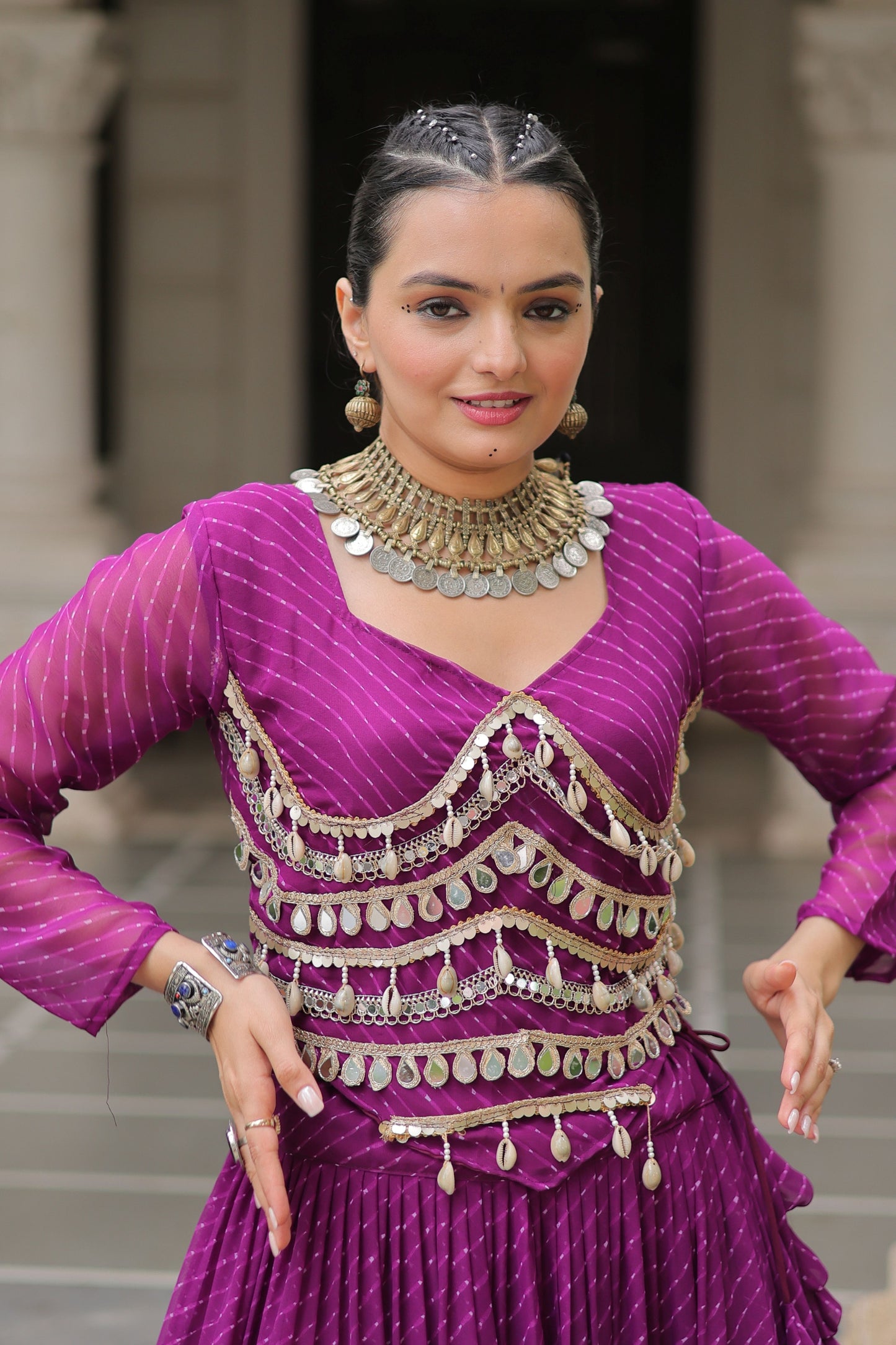Wonderful Purple Bandhani Print Faux Georgette Lehenga Choli with Mirror Work