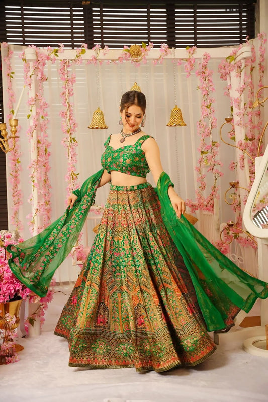 Graceful Green Floral Bandhani Printed Lehenga Choli with Matching Dupatta