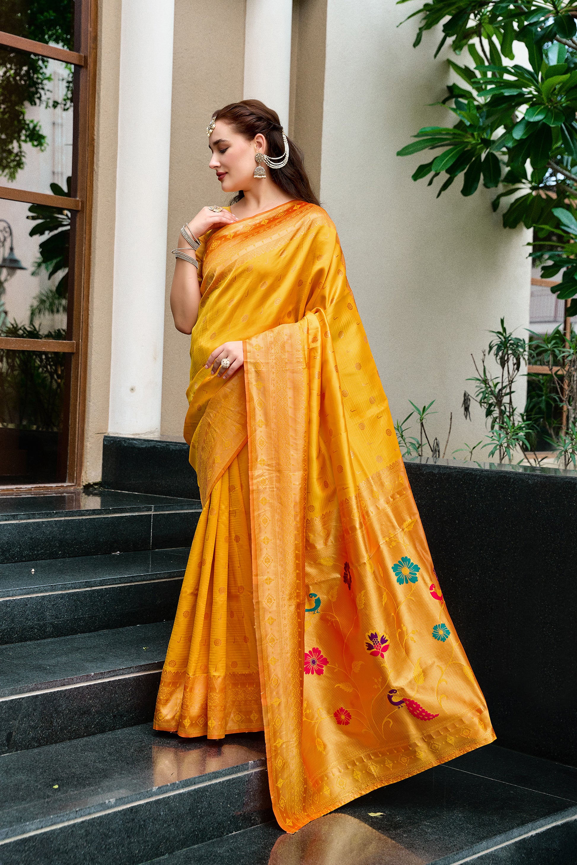 Elegant Yellow Silk Saree Peacock Motifs Traditional Festive Wear