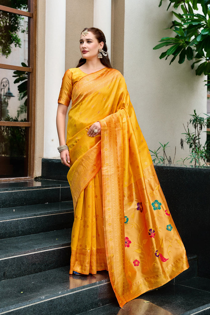 Elegant Yellow Silk Saree Peacock Motifs Traditional Festive Wear