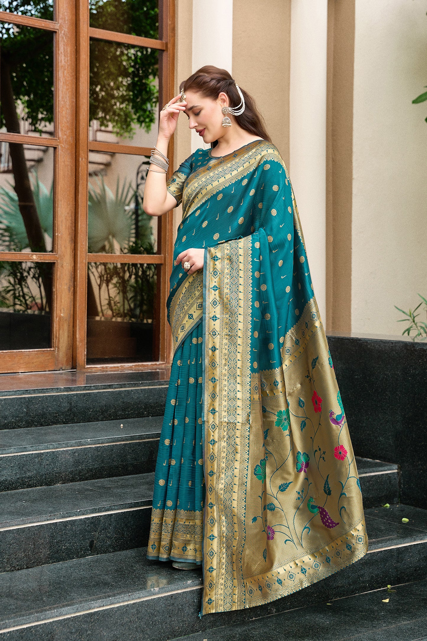Teal Green Silk Saree Peacock Floral Pallu Traditional Festive Wear