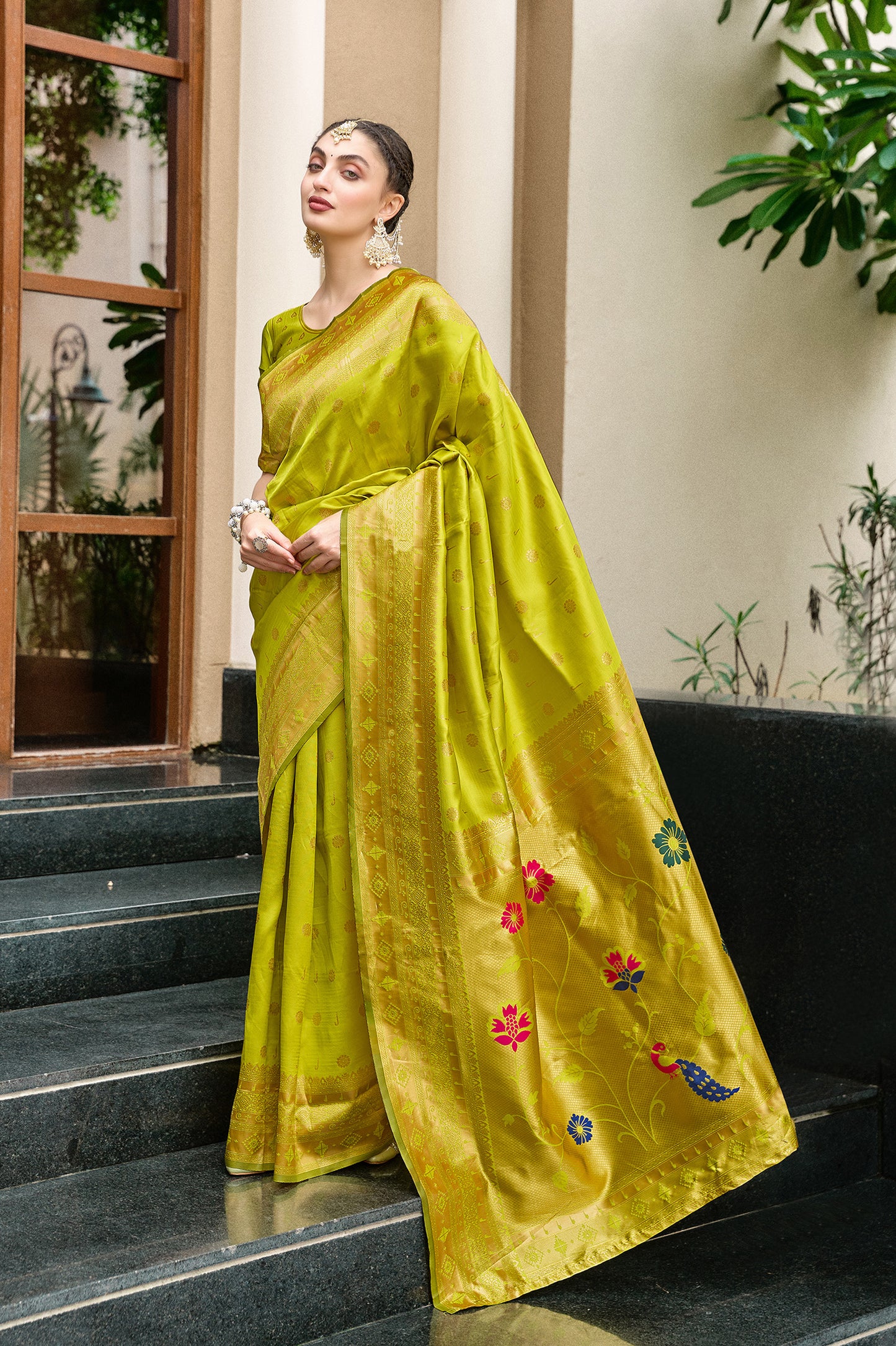 Parrot Green Silk Saree Peacock Floral Pallu Traditional Festive Wear