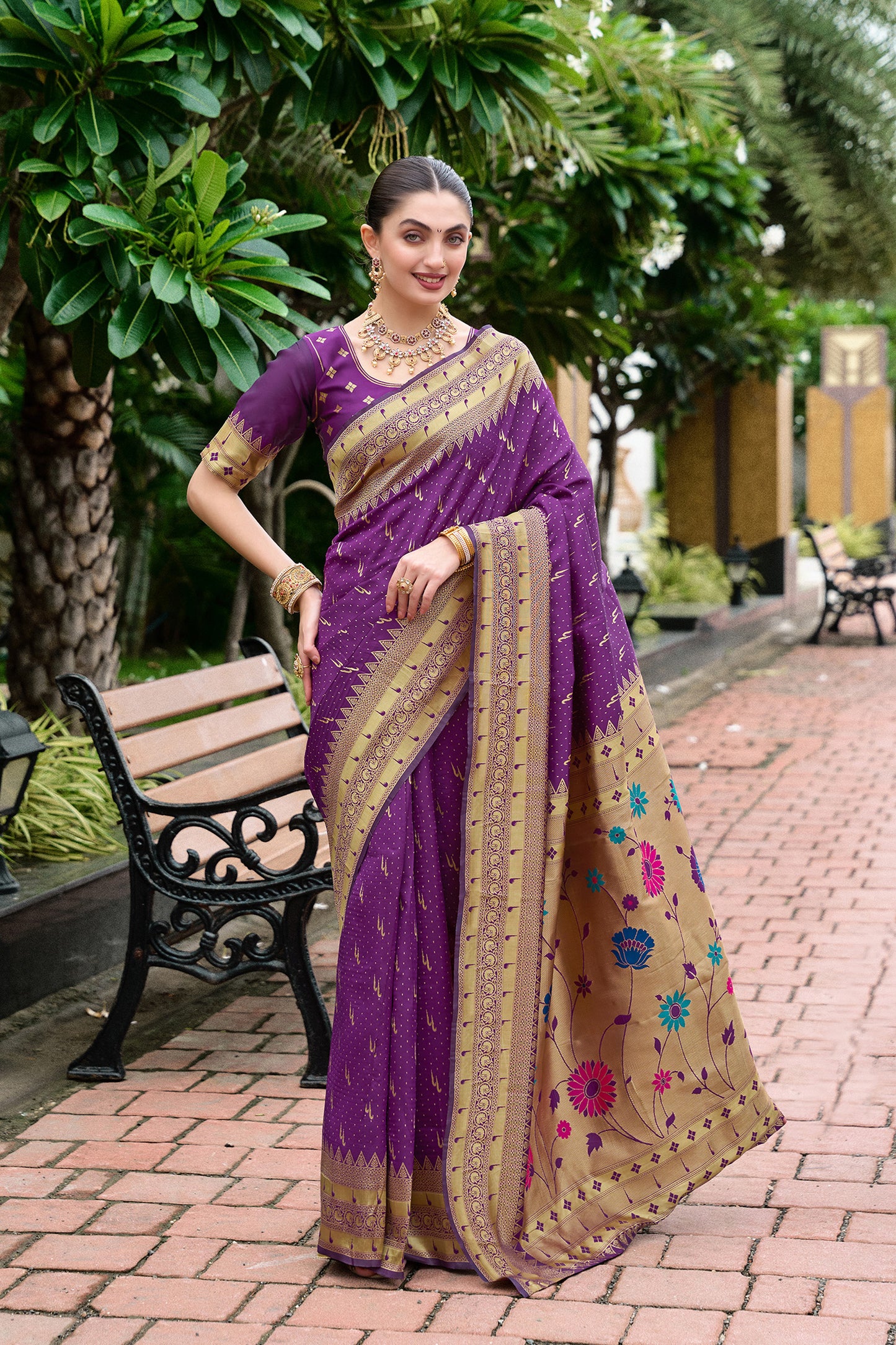 Elegant Purple Banarasi Silk Saree Floral Design