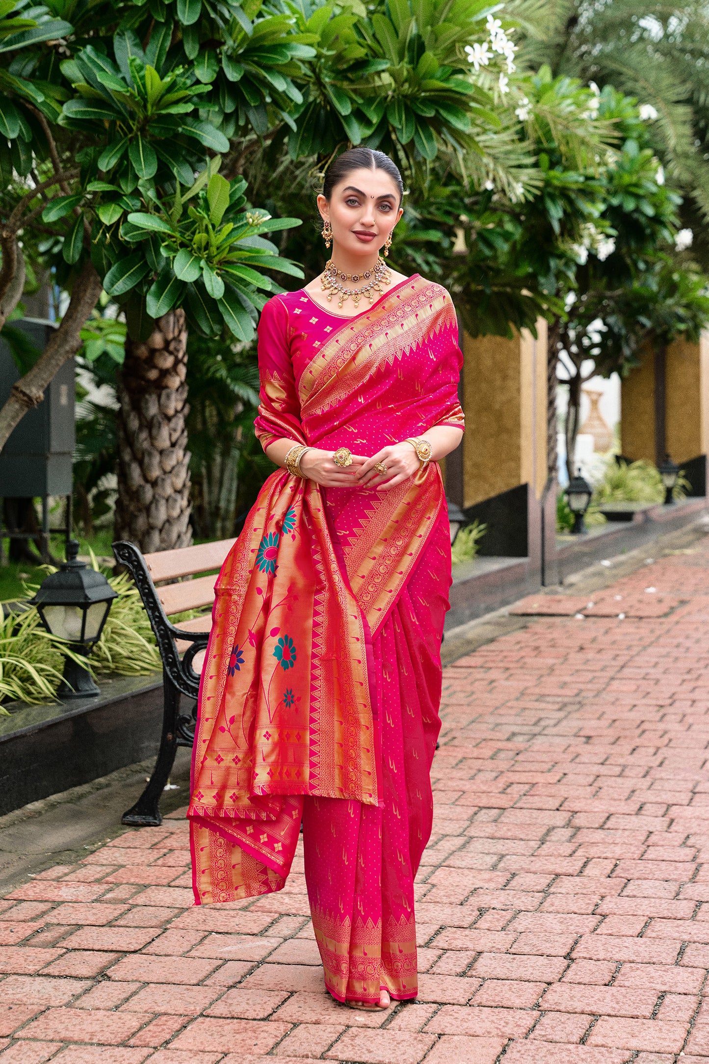 Stunning Pink Banarasi Silk Saree Floral Pallu Design