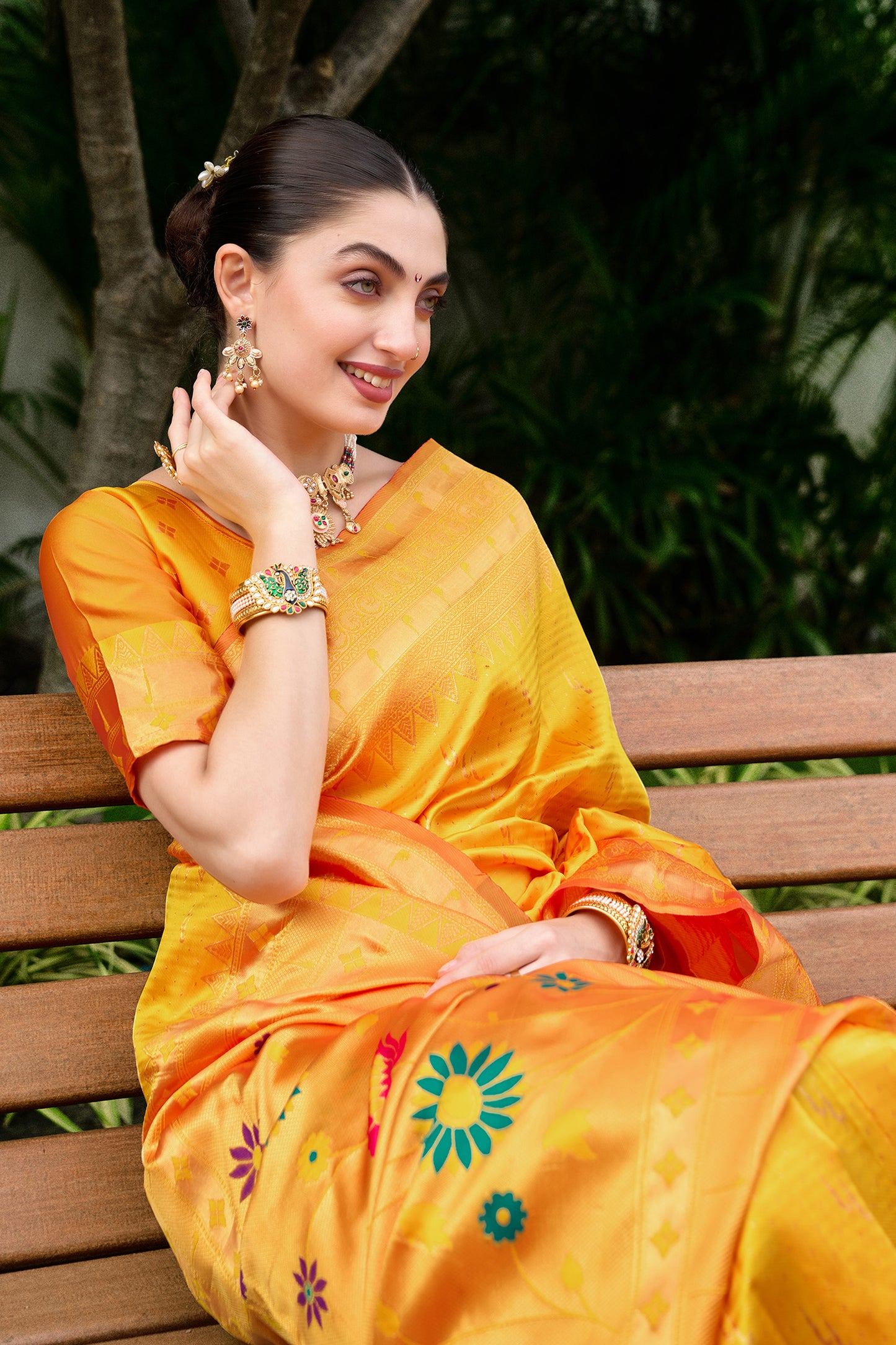 Traditional Yellow Banarasi Silk Saree Colorful Floral Pallu