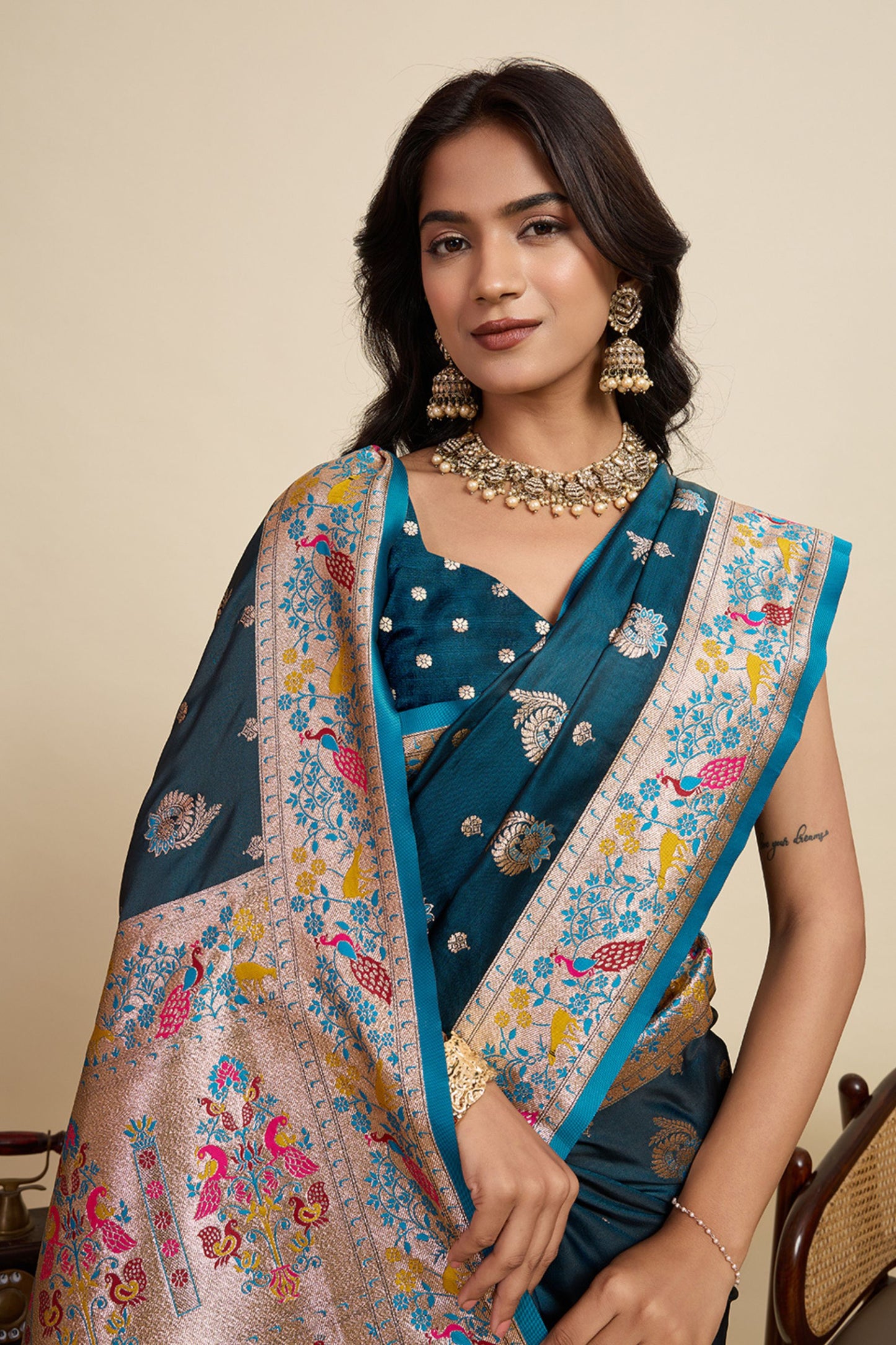Teal Blue Banarasi Silk Saree with Multicolor Designer Pallu Festive Wear