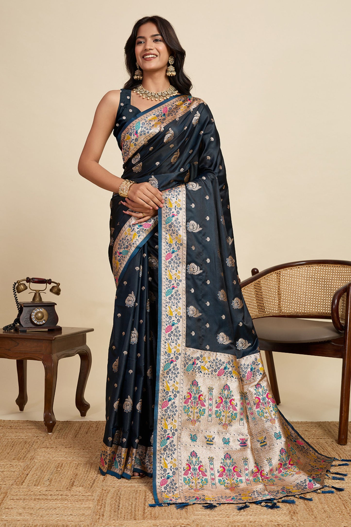 Navy Blue Banarasi Silk Saree with Rich Contrast Pallu Festive Wear Saree