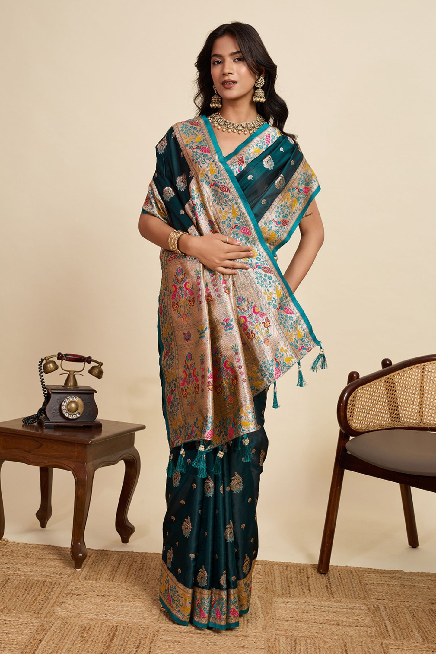 Teal Green Banarasi Silk Saree Multicolor Contrast Pallu Festive Wear