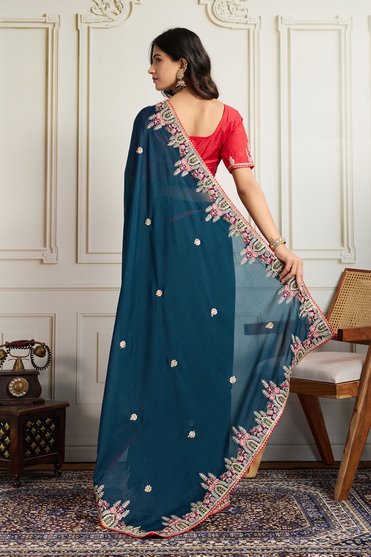 Teal Blue Saree with Red Blouse Designer Party Wear Silk Saree