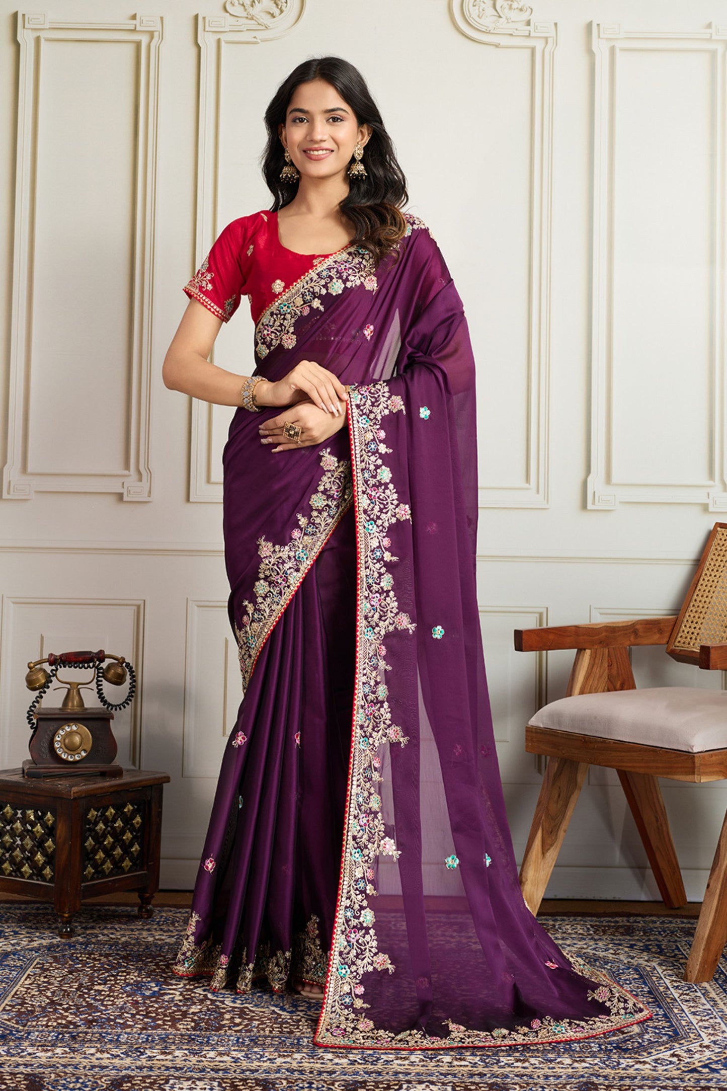 Purple Saree with Red Blouse Designer Party Wear Silk Saree