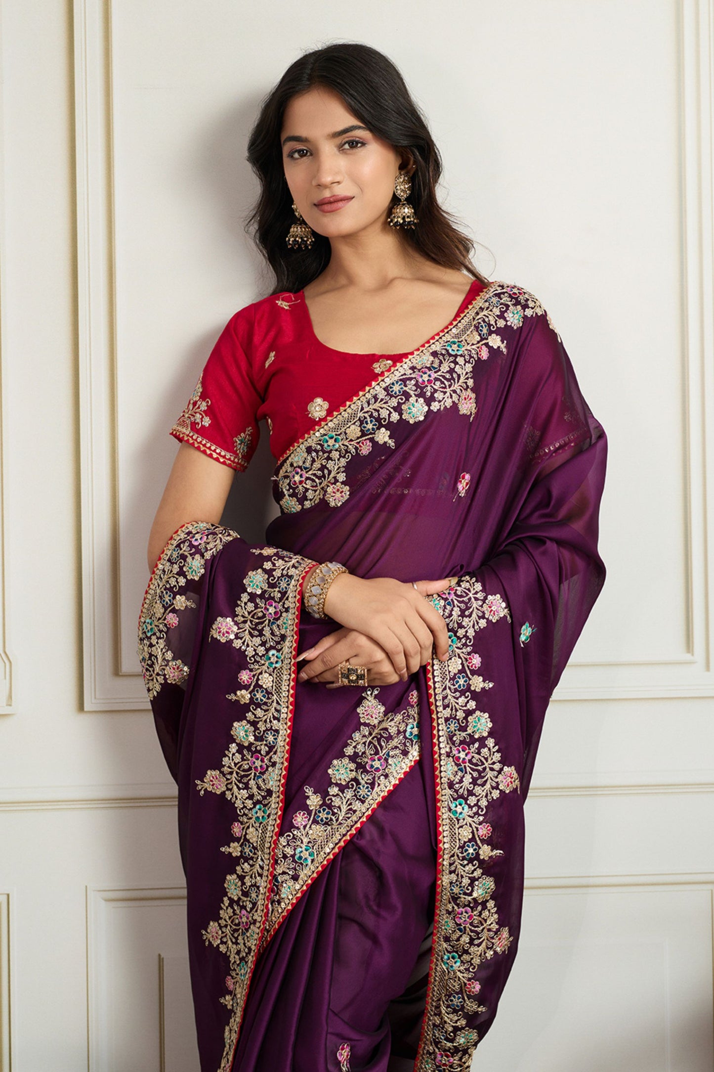 Purple Saree with Red Blouse Designer Party Wear Silk Saree