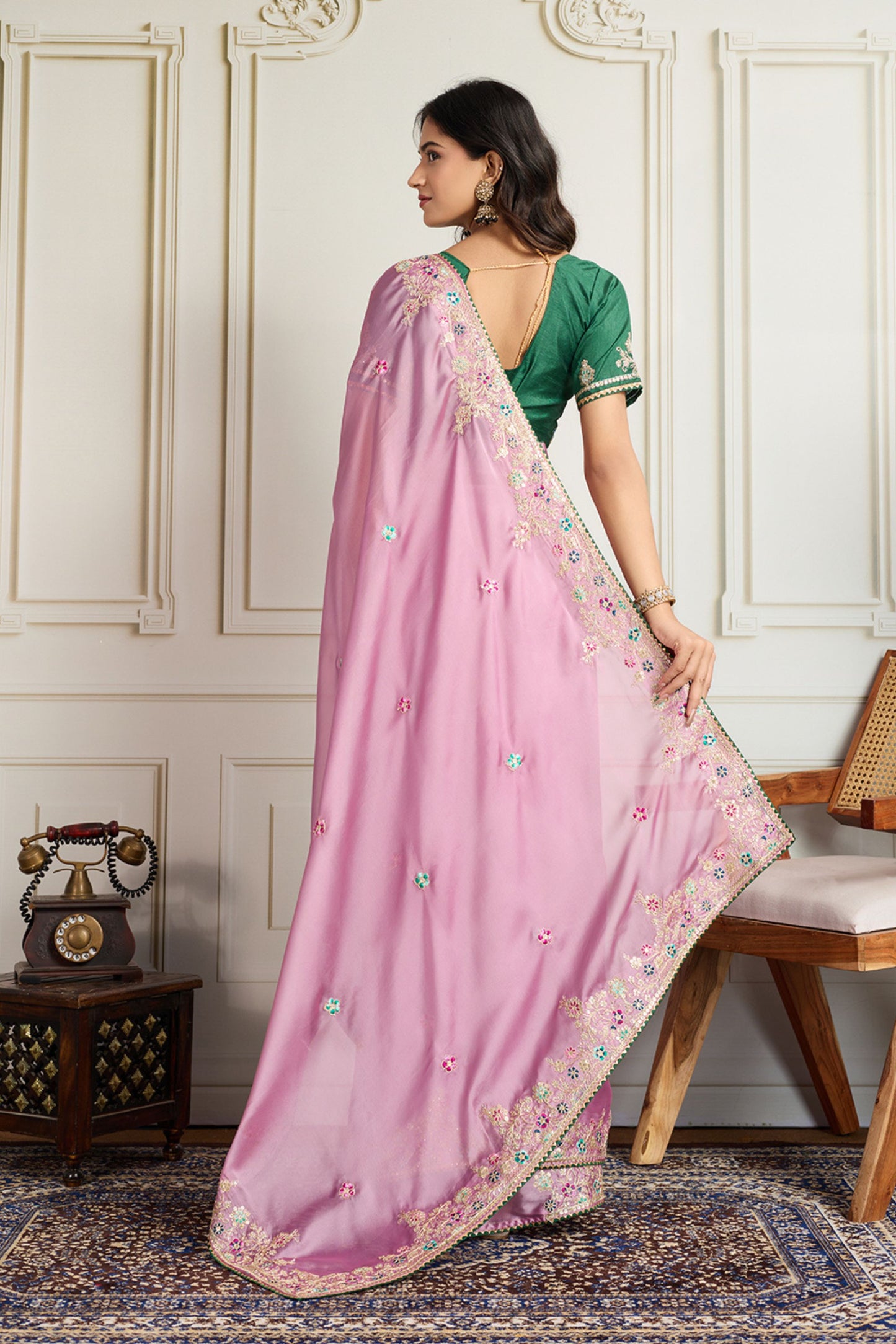 Light Pink Saree with Green Blouse Designer Party Wear Silk Saree