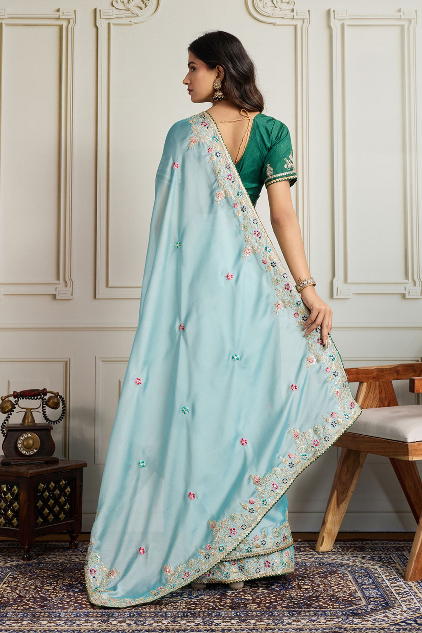Light Blue Saree with Green Blouse Designer Party Wear Silk Saree