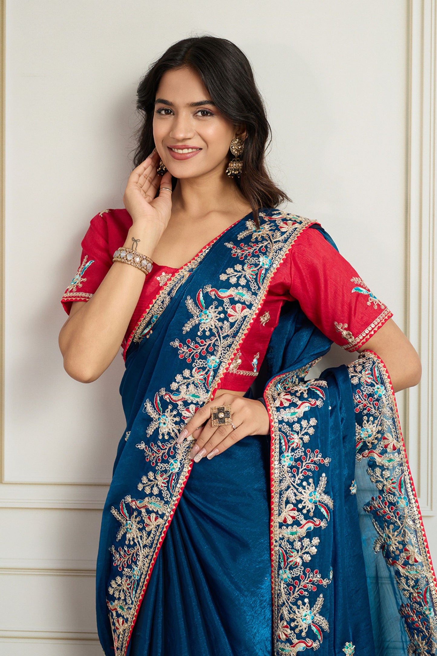 Navy Blue Saree with Red Blouse Designer Party Wear Silk Saree