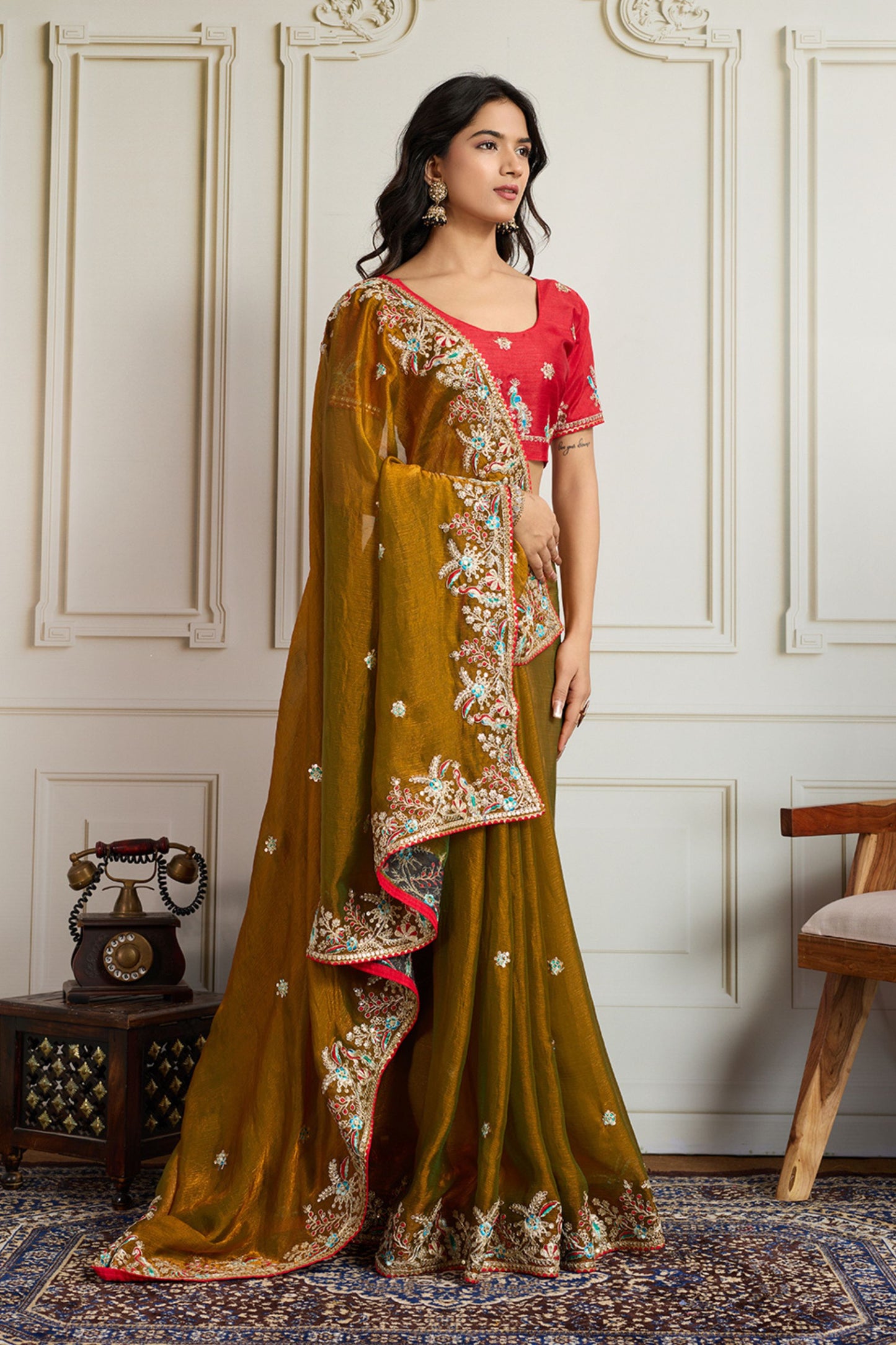 Olive Green Embroidered Silk Saree with Red Blouse