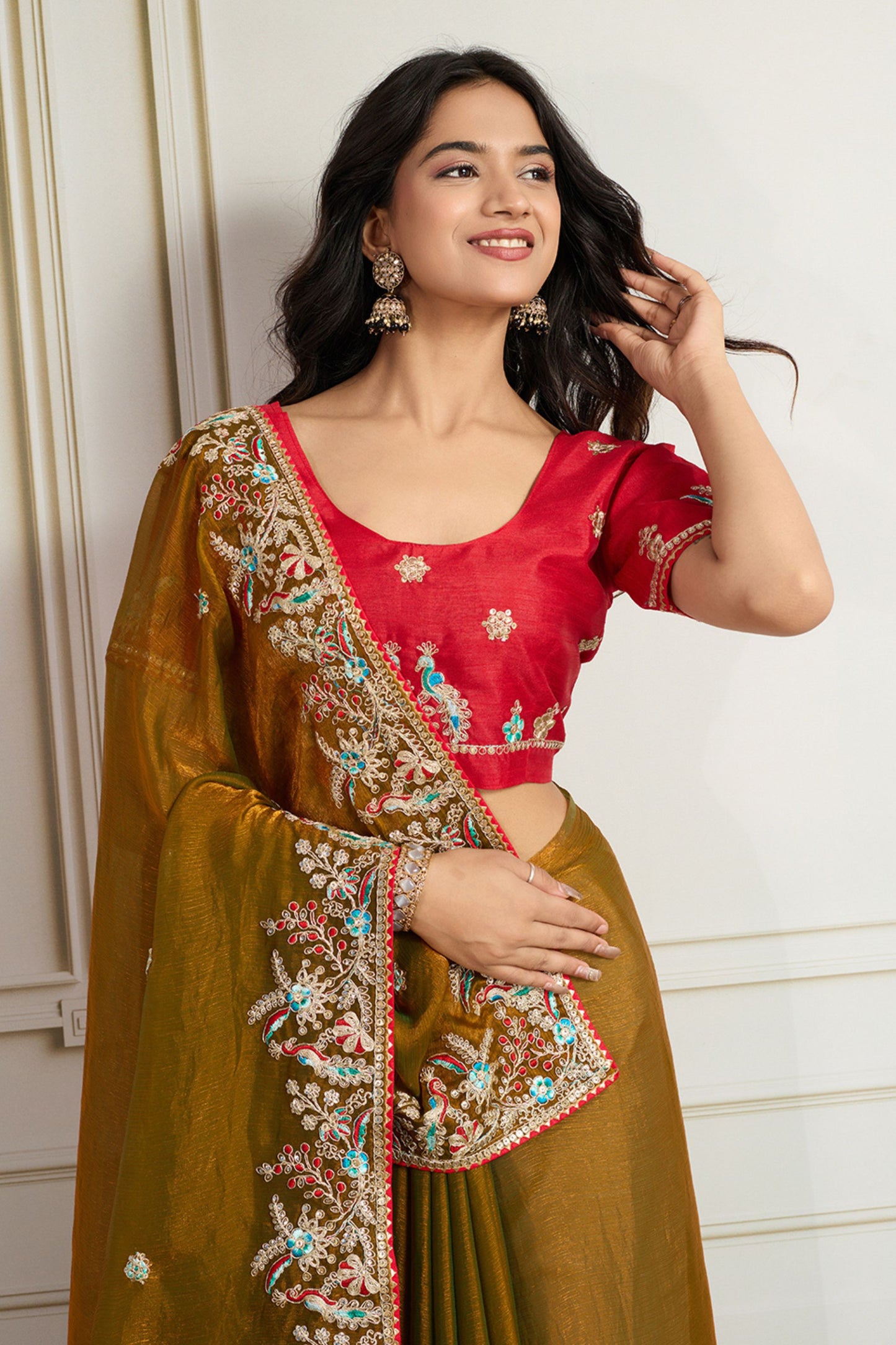 Olive Green Embroidered Silk Saree with Red Blouse
