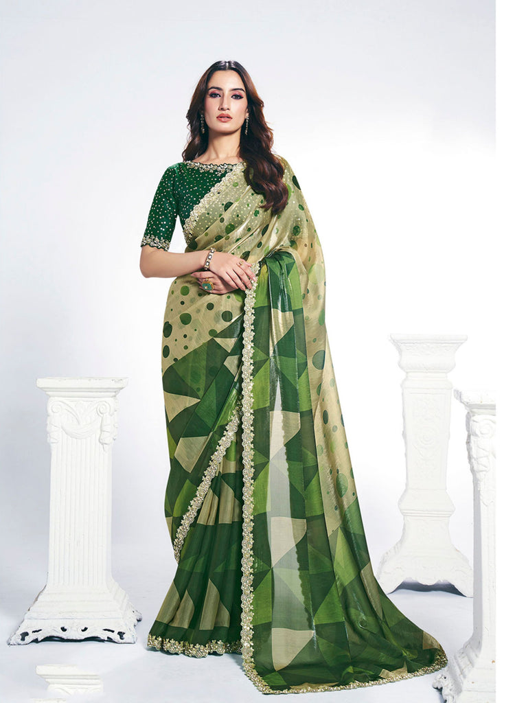 Designer Green Geometric Saree with Stylish Blouse Piece Party Wear Saree