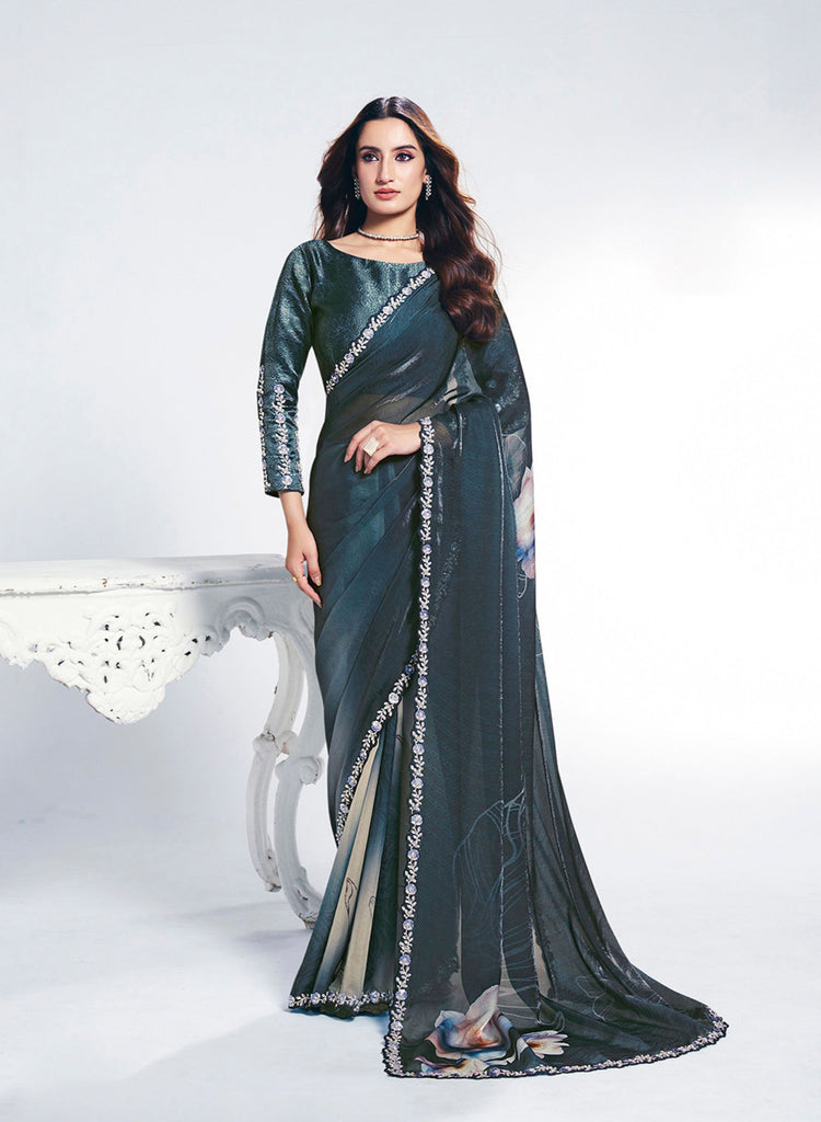 Elegant Teal Blue Saree Blouse Piece Party Wear Saree