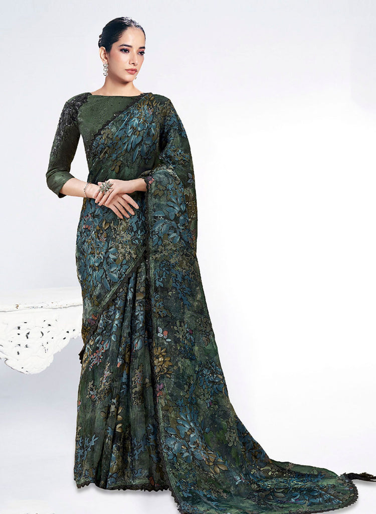 Elegant Green Saree with Designer Blouse Party Wear