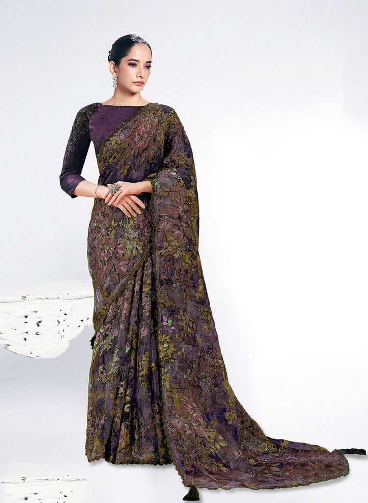 Elegant Purple Saree with Designer Blouse Party Wear