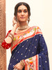 Elegant Navy Blue Silk Saree with Multicolor Border Red Blouse